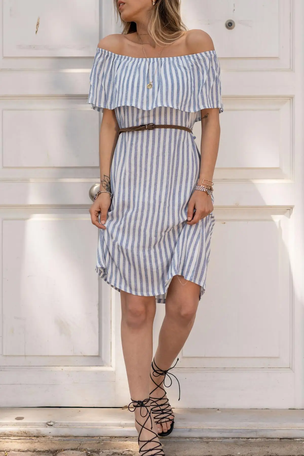 Xhan женское синее и белое Полосатое платье без бретелек 8YXK6-30578-01 | Женская одежда