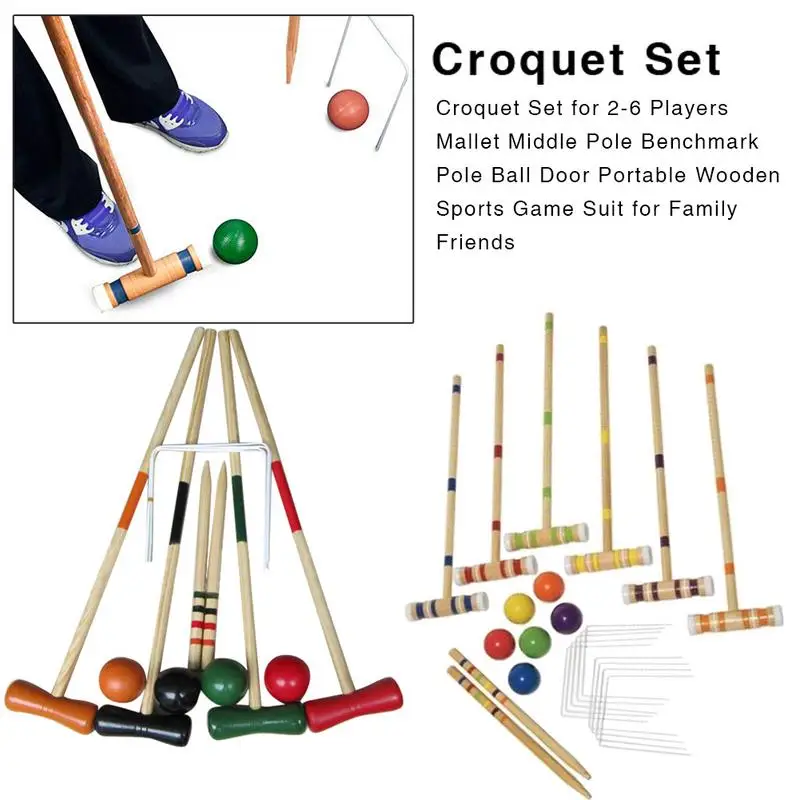 

Croquet Set for 2-6 Players Outdoor Game Sport Gate Ball Croquet Croguet Portable Wooden Sports Game Suit for Family Friends