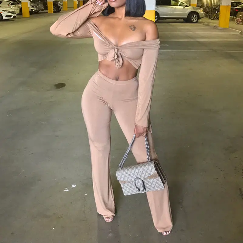 

2019 New Brand Cotton Sexy Long Sleeve Women Crop Top Blouse Long Pants Two Piece Bodysuit Jumpsuit Set