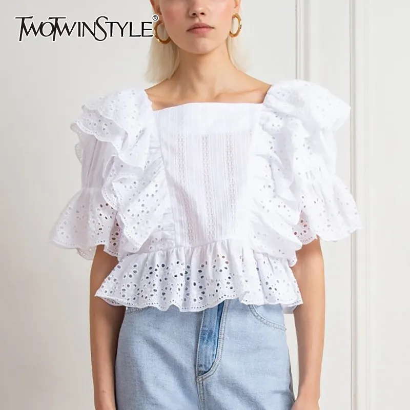 

TWOTWINSTYLE Solid Casual Women Blouse Square Collar Ruffles Puff Sleeve Hollow Out Loose Shirt Female Fashion 2019 Spring New