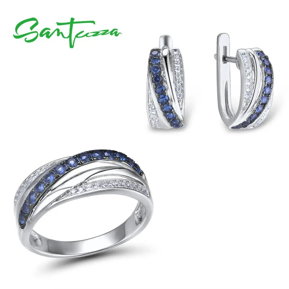 

SANTUZZA Jewelry Set For Women Pure 925 Sterling Silver Blue White Cubic Zirconia Ring Earrings Set Delicate Fashion Jewelry