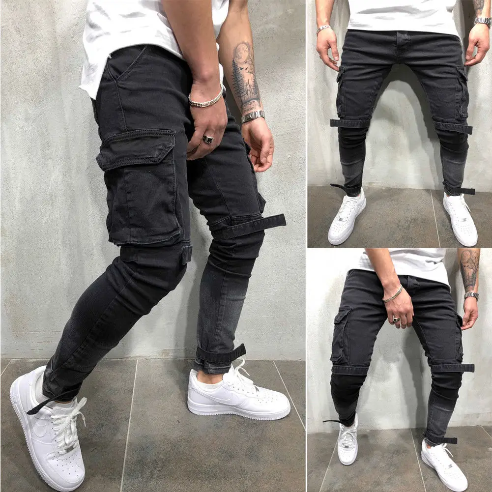 Новый для мужчин Slim Fit городские карманы плиссированные армии длинные мотобрюки хип хоп Прохладный Брюки Карго черный мужской