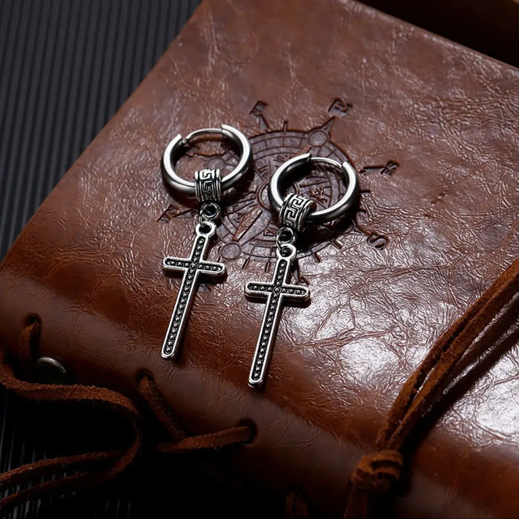 

1Pair Men's Cross Pendant Hoop Earring Vintage Unisex Jesus Cross Metal Sliver Punk Hyperbole Earring Jewelry