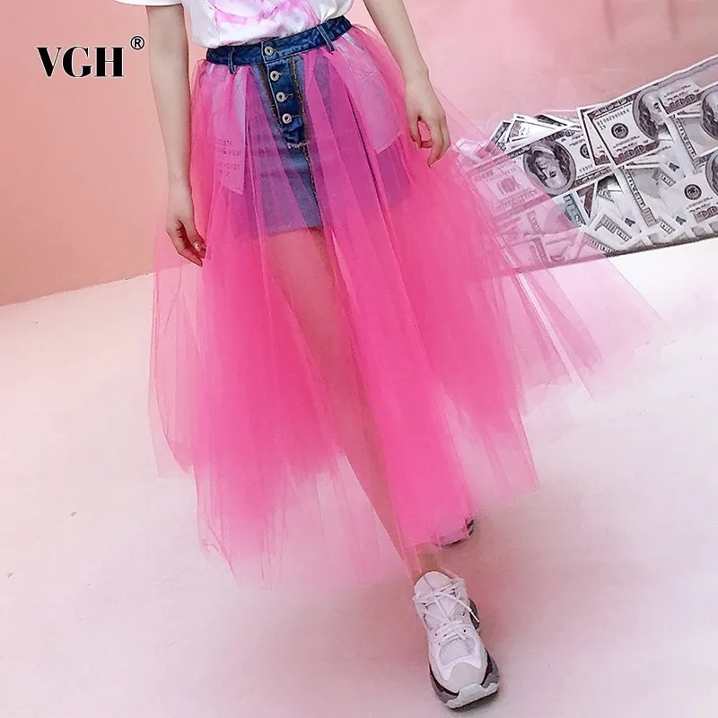 VGH Весенняя джинсовая юбка для женщин сетчатая Лоскутная Перспектива с высокой талией на пуговицах Свободные Юбки Женская мода новая волна