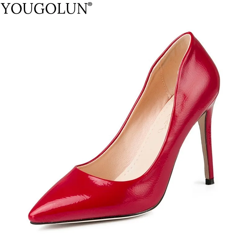 

Women Shallow High Heels Patent Leather 2019 Ladies Wedding Pointed Toe Shoes Red Rose Apricot Black Thin Heel Party Shoes B063
