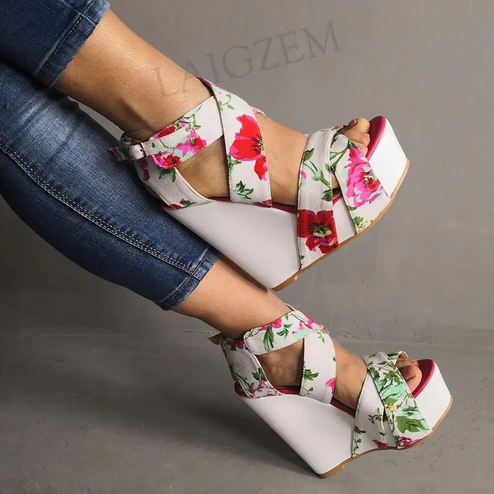 

LAIGZEM GRACE Women Sandals Platform Wedges Multi Colors Sandals Ladies Handmade Zapatos de Mujer Shoes for Woman Big Size 34-52