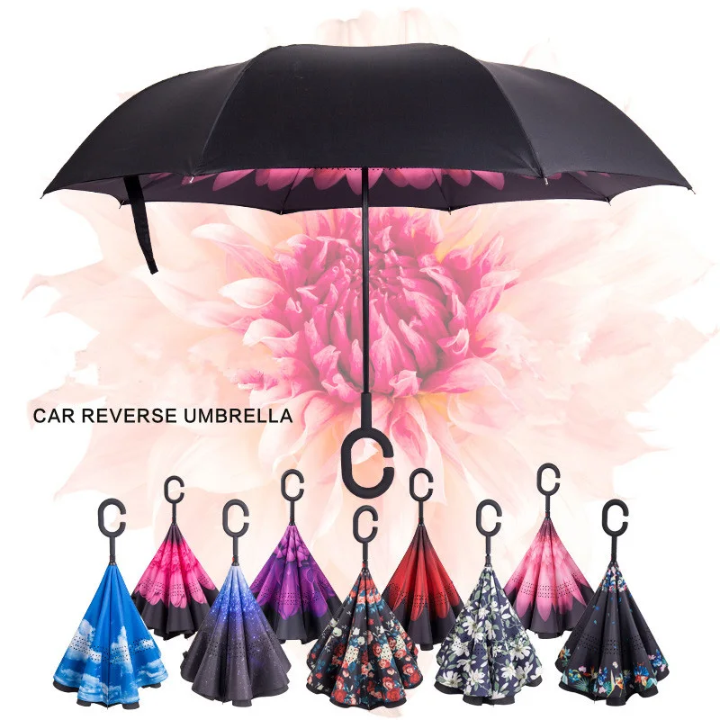 

Windproof Reverse Folding Double Layer Inverted Rain Umbrella Self Stand Rain Protection C-Hook Hands For Car