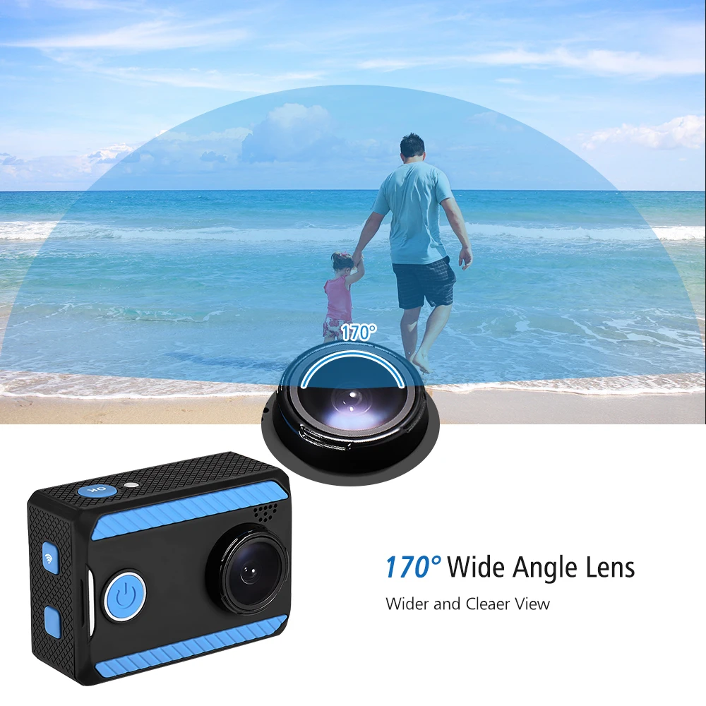 4K Ultra HD Sports Action Camera 170° Wide Angle 2.0 Inch LCD Display 30 Meters Waterproof with 2pcs Li-ion Batteries WiFi