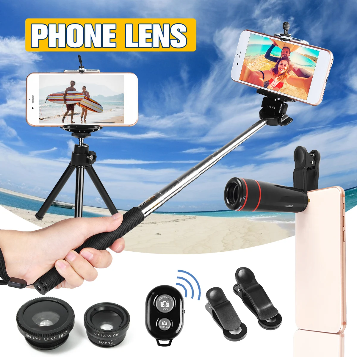 3 in 1 Phone Camera Lens Clips Selfie Sticks Tripod Travel