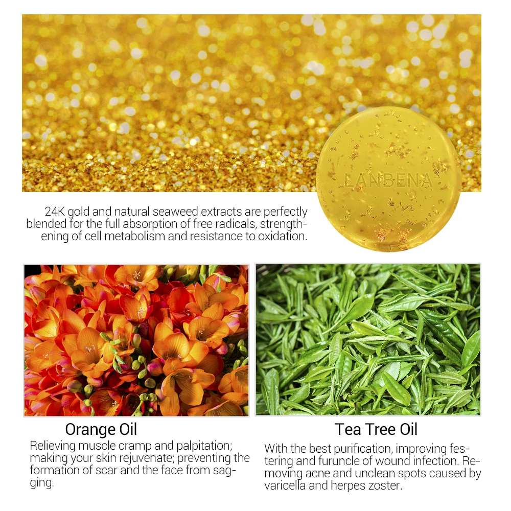 LANBENA 24K Gold Handmade Soap Hyaluronic Acid+Seaweed+Tea Tree Facial Cleansing Moisturizing Anti-Aging Whitening Face Care LANBENA 24K Gold Handmade Soap Hyaluronic Acid+Seaweed+Tea Tree Facial Cleansing Moisturizing Anti-Aging Whitening Face Care