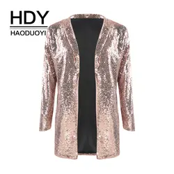 HDY Haoduoyi женские блейзеры осенние блейзеры карманы повседневные с длинным рукавом серебряные пайетки пальто уличный Turn-Down Воротник
