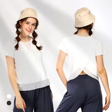 Пикантный перекрест на спине женские футболки для йоги Фитнес Костюмы футболка yoga Топ Спортивная Футболка спортивная, с коротким рукавом, топы, спортивная одежда