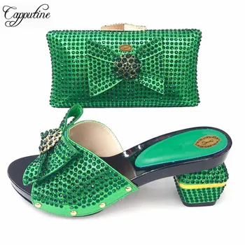 

Capputine High Quality Woman Slipper Shoes And Bag Set African PU With Rhinestone High Heels Shoes And Bag Set For Party