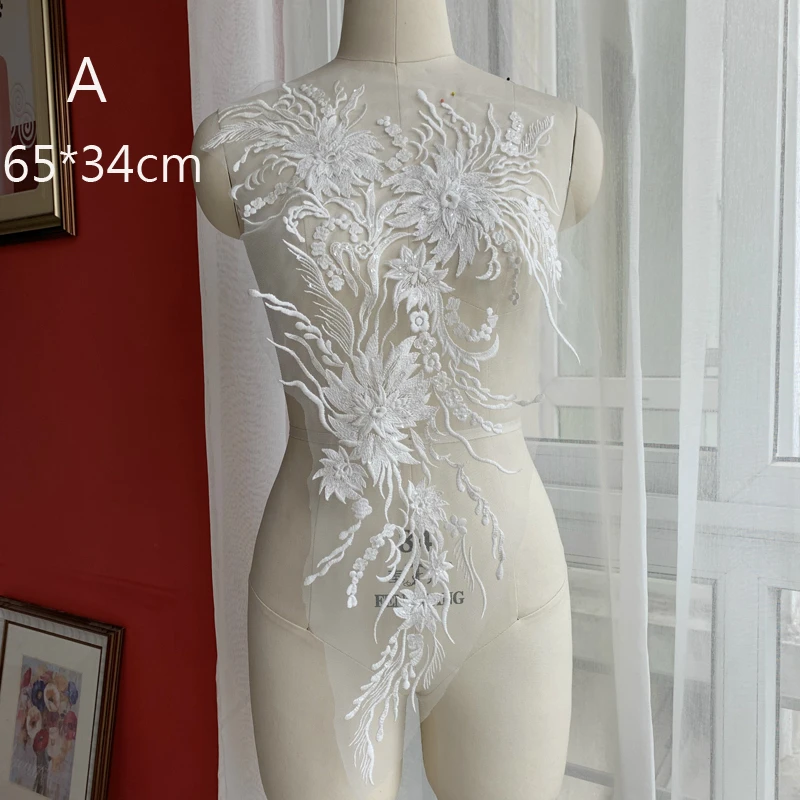 

High Quality Fine White Cotton Embroidery Tulle Lace Trim Sequin Flower Stickers DIY Wedding Model Red Carpet Show Decoration