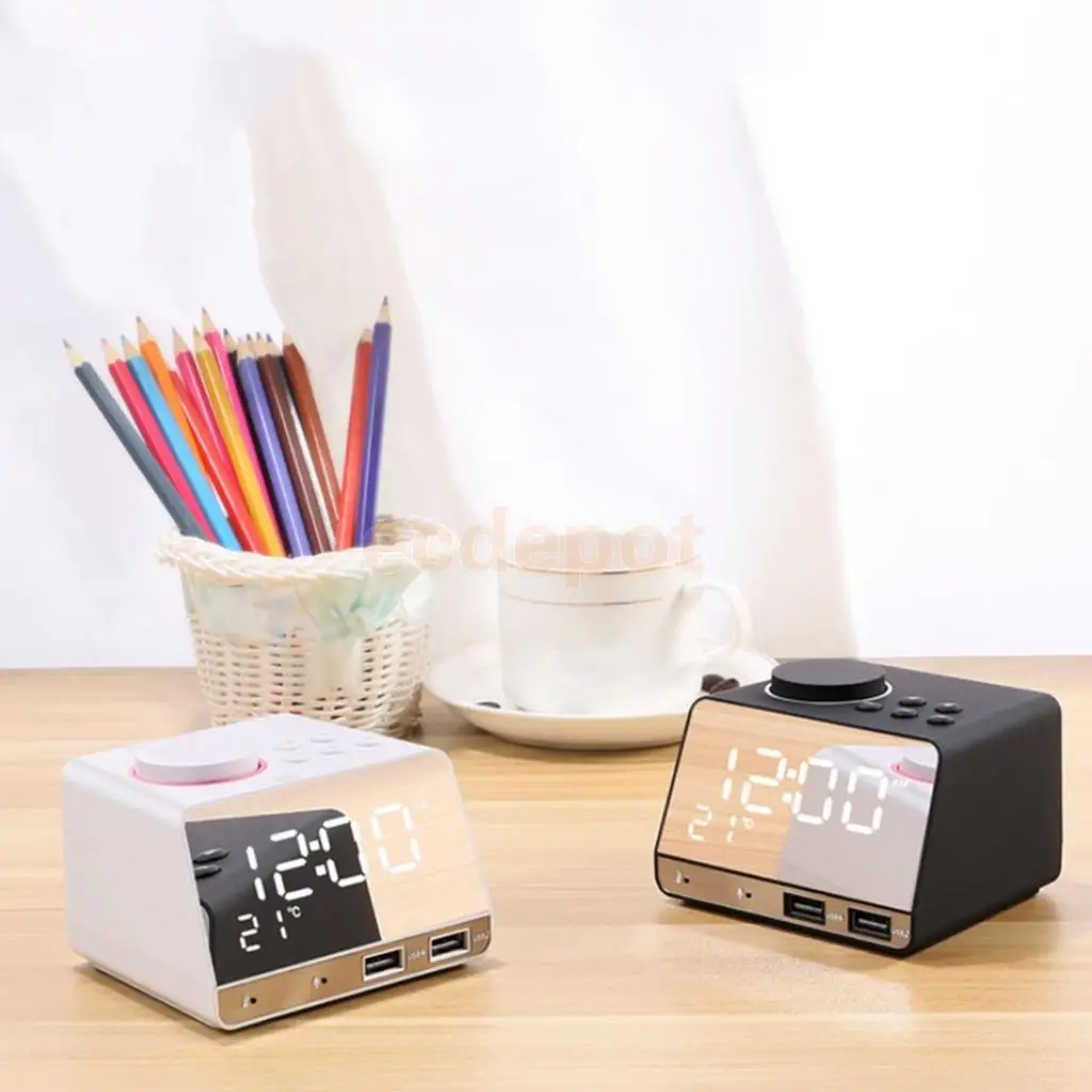 

LED Mirror Alarm Clock Digital Snooze Table Clock Bluetooth Radio Clock Electronic Large Time Temperature Display EU Plug
