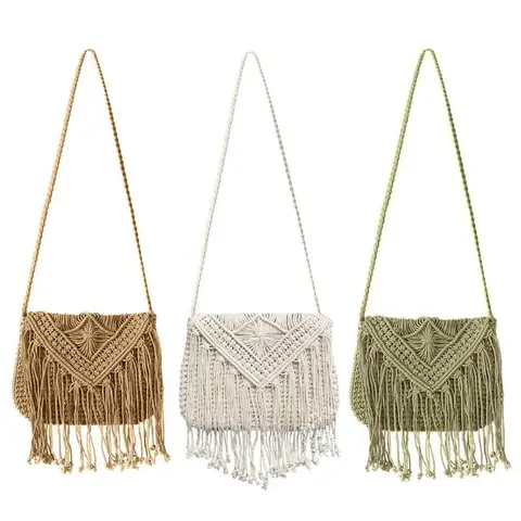 Bolsa de Palha Borla do Vintage Bolsa do Mensageiro Fresca de Verão Rattan Handmade Woven Rodada Corda Malha Bolsa da Senhora Tote da Praia