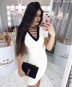 

Women White Short Sleeve V-neck Bodycon Rayon Bandage Dress High Quality Elegant Homecoming Party White Dress