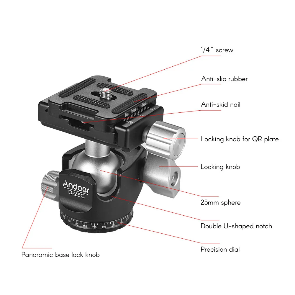 Aluminum Alloy Andoer D-25C CNC Mini Tripod Head Ballhead Double Notch Ball Head for Canon Nikon Sony DSLR ILDC Cameras Tripod