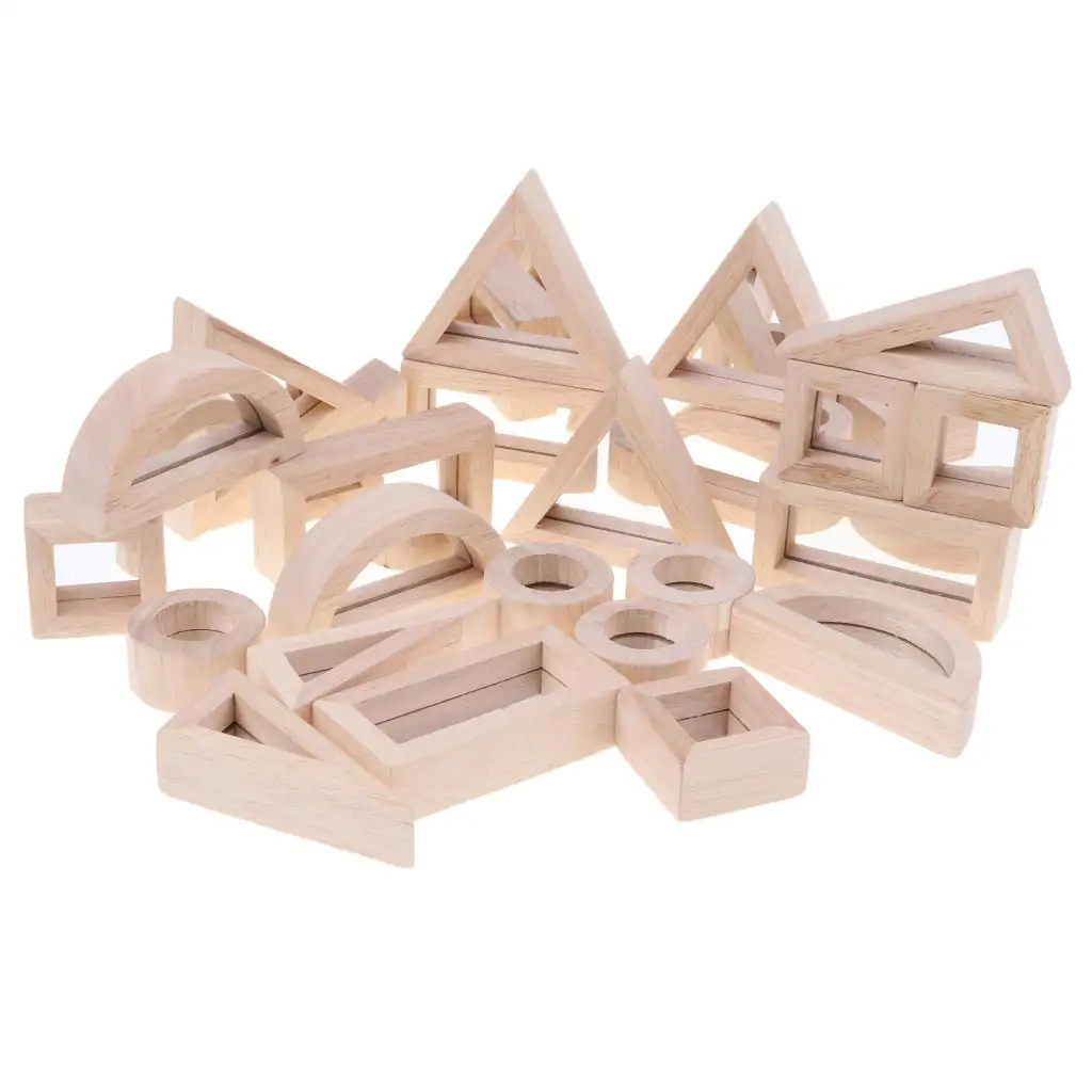  24 Pcs Wooden Geometric Mirror Building Blocks Stacking Game Montessori Early Learning Educational 