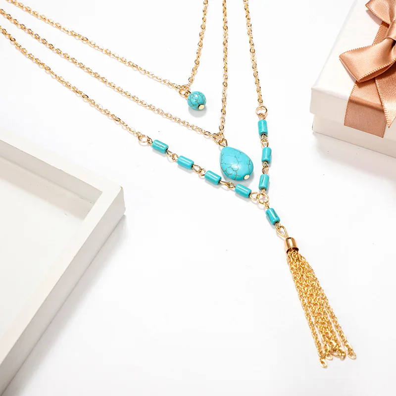 

Boho Natural Stone Clavicle Necklace Women Charm Beads Long Tasses Chain Multilayer Alloy Choker Necklace Shellhard Jewelry Gift