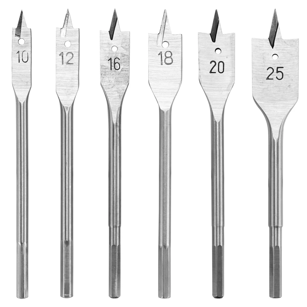 6pcs Flat Spade Drill Bits Set Metal Bit Kit Hex Shank Woodworking Tool