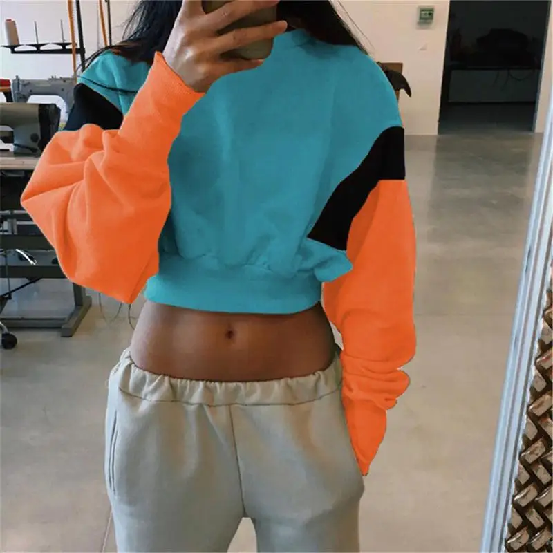 

2018 New Women Spring Autumn Cute Pinkycolor Orange Hoodies Long Sleeve Loose Crop Top Sweatshirt Casual Patchwork Cloth