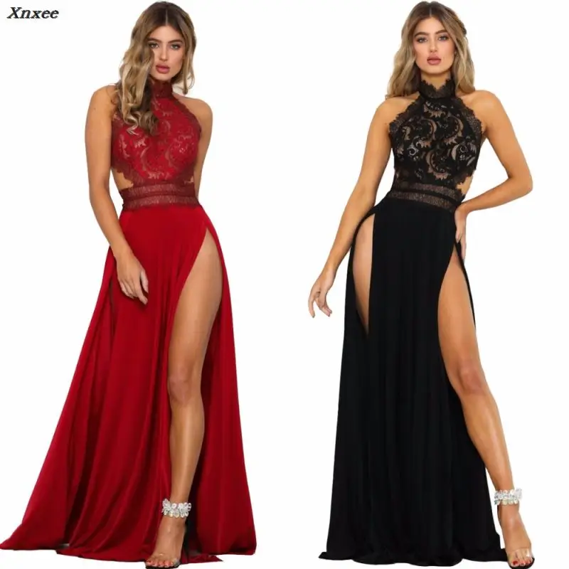 

High Split Lace Sheer Long Party Dress Summer Sleeveless Backless Zipper A Line Maxi Dresses Women Vestido Longo Red Black Xnxee