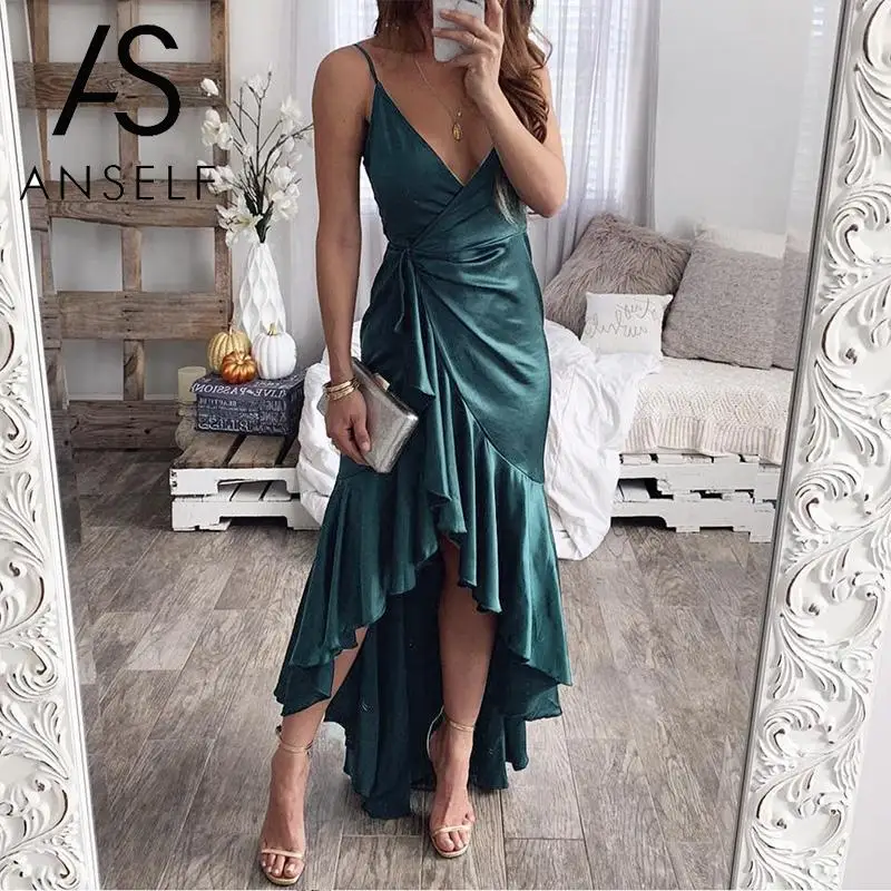 

Women Summer Dress 2019 Satin Slip Dress Sexy Plunging V Neck Irregular Dress Ruffles Hem Tie-Waist Slim Party Long Dress female