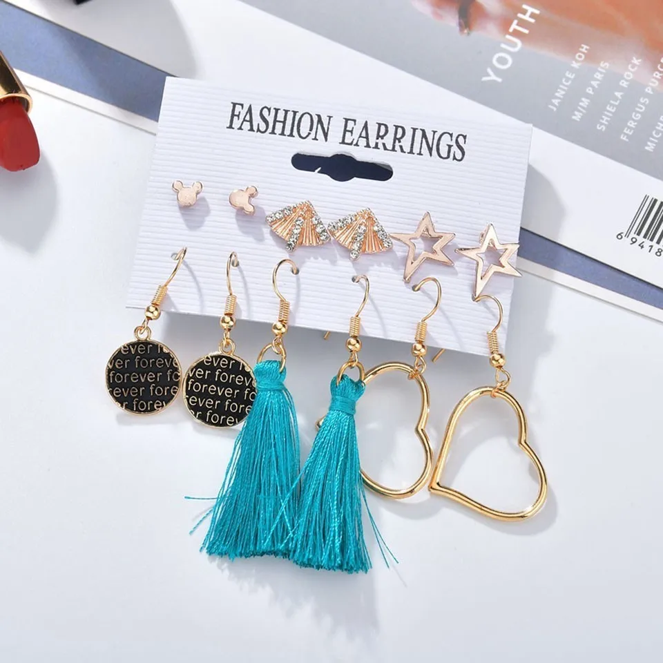 

6 Pairs/Set Trendy Women Tassel Heart Drop Earrings Handmade High Quality Earrings For Women Good Party Earring Sets