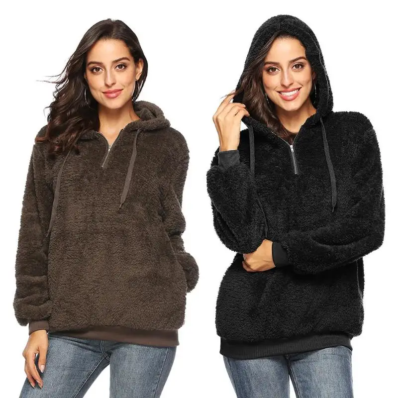 Women Winter Fleece Hoodies Long Sleeve Casual Thick Hoodies Pullovers Sweatshirt Solid Color Camel Black Hooded Sweatshirt