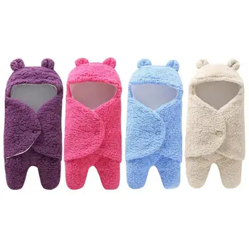 

One Size Warm Swaddles Wrap Cute Hooded Fleece Quilt Front Button Solid Color Thicken Boys Girl Cover For Newborn Baby 55*29cm