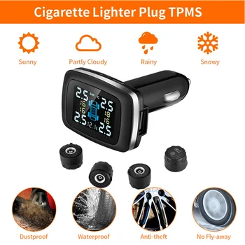 

ZEEPIN C100 Tire Pressure Monitoring System Cigarette Lighter Plug TPMS LCD Screen Display 4 External Sensors Auto Tyre Alarm