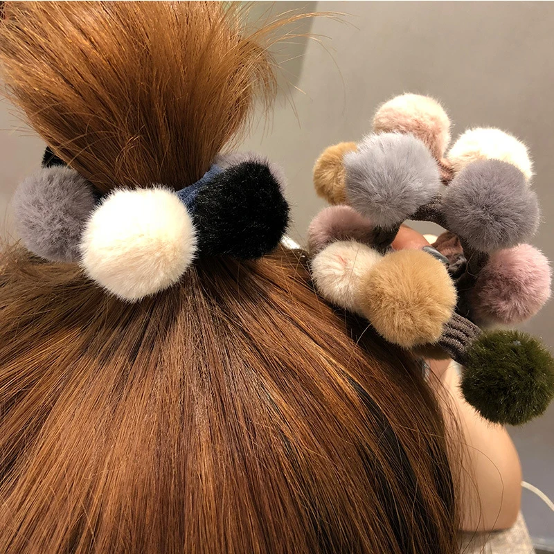

fashion Plush Fuzzy ball hair rope elastic pompom hair accessories for girls hair gum cute Scrunchies Ponytail Holder hair ties