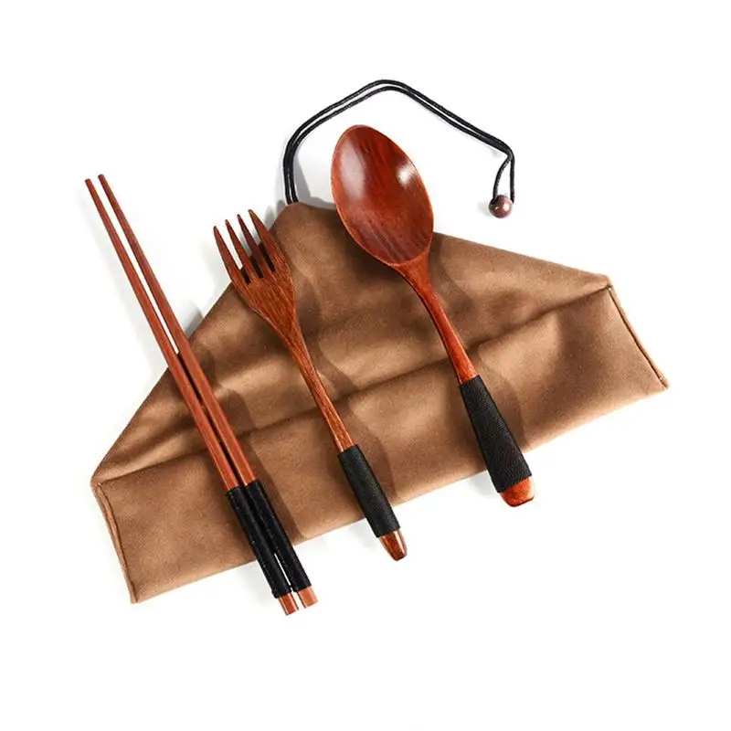 

4PCS Japanese Wooden Spoon Chopsticks Tableware Set Tangled Bag Convenient Take-Away Cutlery Environmental Protection
