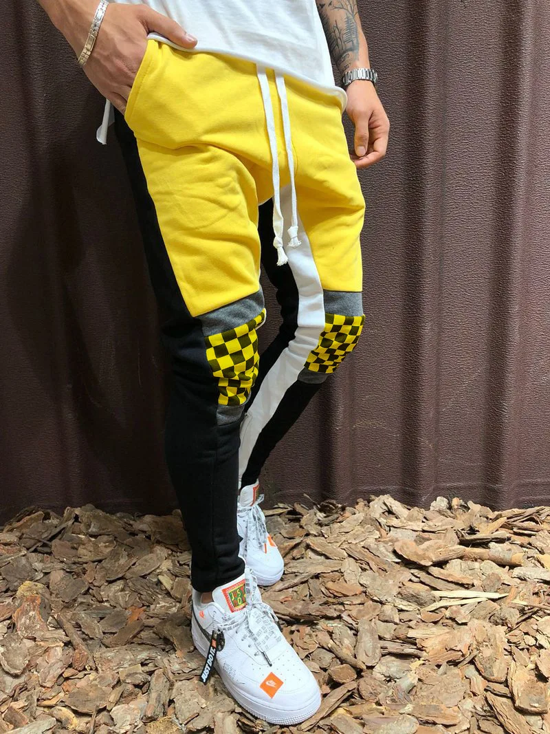 Men's Skinny Patchwork Pants Hiphop Sweatpants Yellow Track Drawstring Joggers Trousers Causal Male Side Stripe Plaid Trackpants