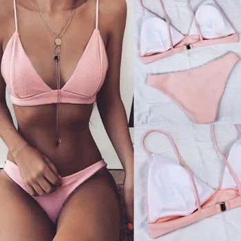 

Women Padded Bra Bandage Swimsuit Push-up Bikini Set Swimwear Beachwear New Pink Monokini Triangle Bathing Suit