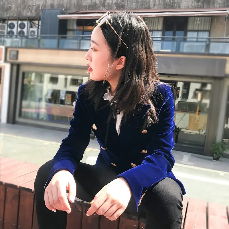 Fashion 2018 Women Double Breasted Velvet Blazers Autumn New Elegant Long Sleeve Blazer Coat Female Solid Coats