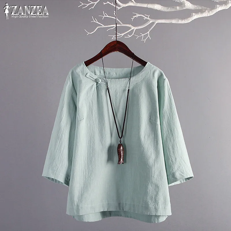 

ZANZEA 2019 Plus Size Women's Tunic Tops Vintage Linen Blouse Female Plate Button Shirts Chemise Casual Summer Blusas Kaftan Tee