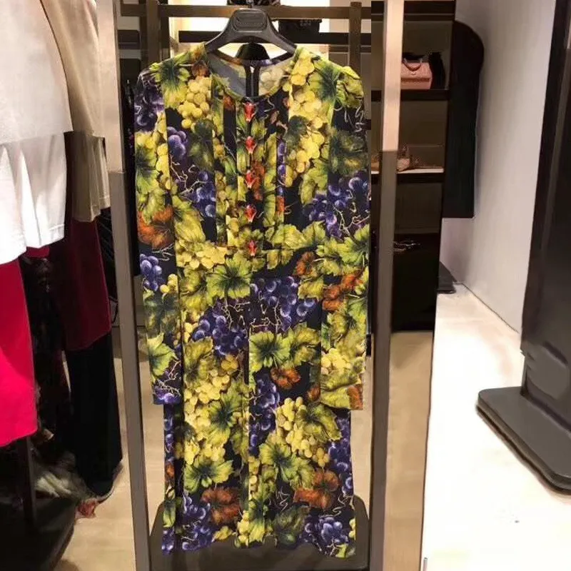 

2019 Runway Brand Floral Print Vintage Women Midi Dress Summer Fox Buttons Long Sleeve Female Party Long Dresses Clothes