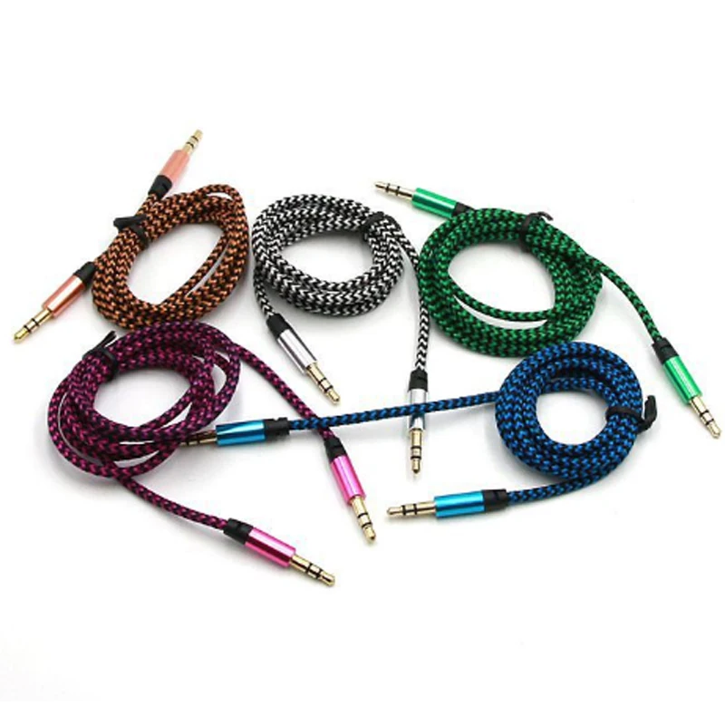 

10pcs/lot 1m Nylon Aux Cable 3.5mm Male to Male Jack Auto Car Audio Cable Gold Plated Plug Line Cord For Mobile phone MP3 MP4