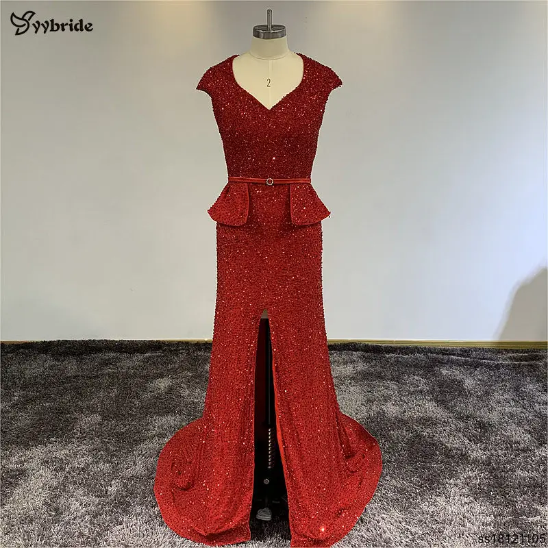 

YYbride Stock Sample Red Beading Crystals Evening Dresses V-Neck Backless Floor Length Cheap Price Offer Celebrity Dresses