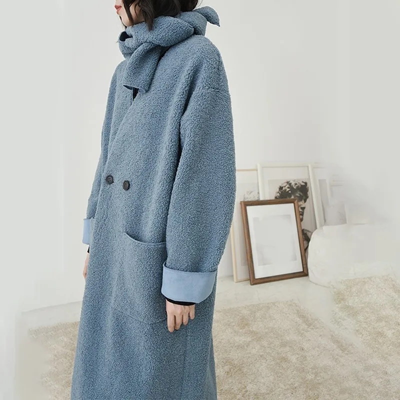 [EAM] 2019 New Spring Winter V-collar Long Sleeve Blue Double Breasted Big Size Woolen Coat Women Parkas Fashion Tide JL247