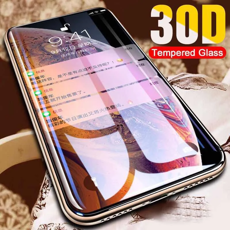 30D Protective Glass on the For iPhone X XS Max XR Tempered Screen Protector Curved Edge Glass 11 Pr