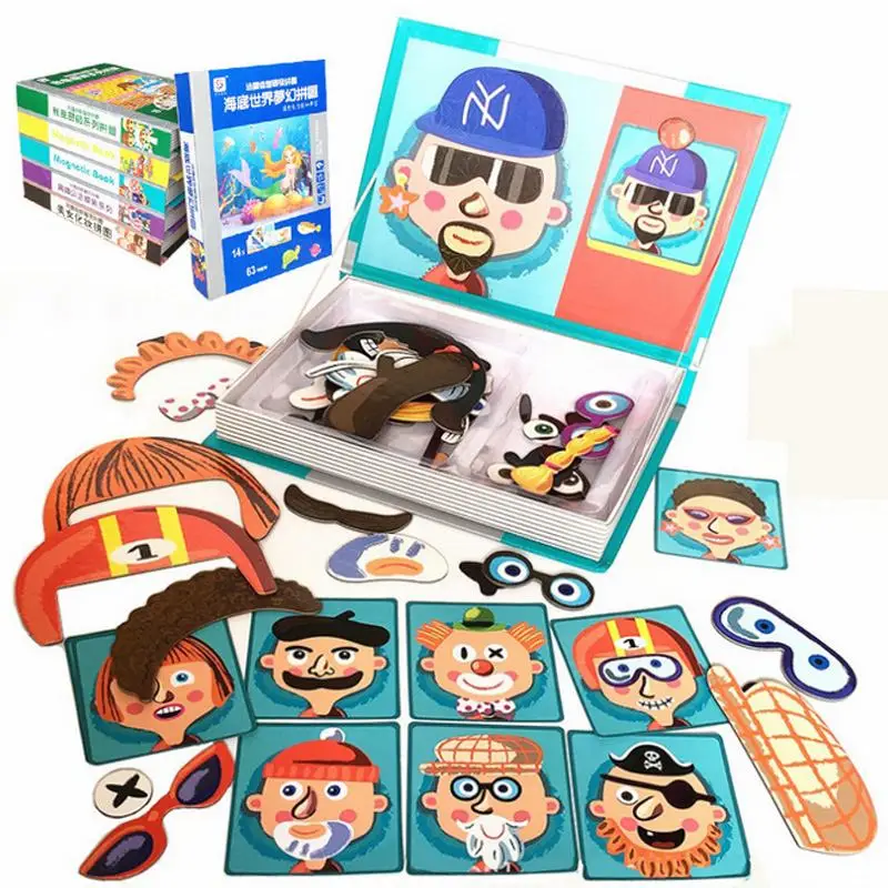 

3D Magnetic Cartoon Wooden Puzzle Sticker Baby Dress Up Education Toy Puzzle set Wooden Book Toys For Children Kids DIY Gifts