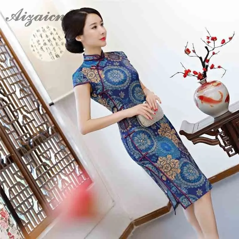 2019 новый модный принт Cheongsam мать Винтаж Длинные платья для женщин традиционные китайское платье Qipao подобные шелковые Qi Pao Халат