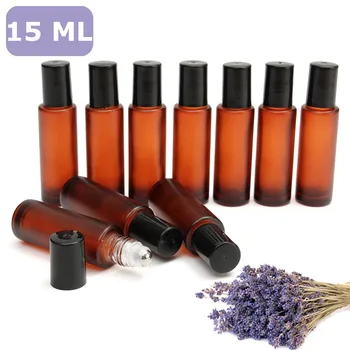 

10pcs 15ml Empty Amber Glass Essential oil Roll On Bottle Vials with stainless steel metal roller ball for perfume aromatherapy