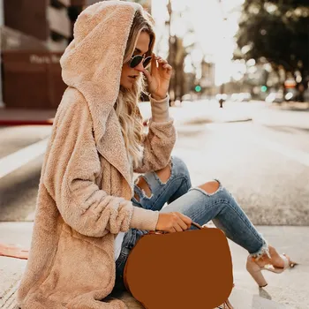 

Autumn Winter Women Hooded Faux Fur Plush Coats Fashion Pocket Thick Outerwear Female Open Stitch Casual Overcoat