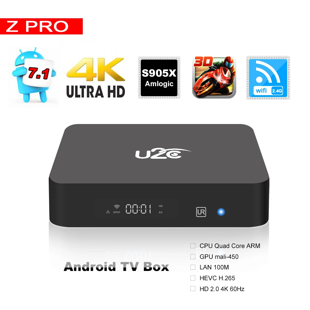 

U2C Z Pro Android 7.1 Smart TV Box Amlogic S905X 2GB RAM+8GB/ 16GB ROM 2.4GHz WiFi 100Mbps 4K H.265 Set Top Box Media Player