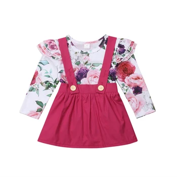 

2PC Newborn Baby Girl Clothes Ruffle Long Sleeve Floral Romper Jumpsuit + Suspender Skirt Set Outfits