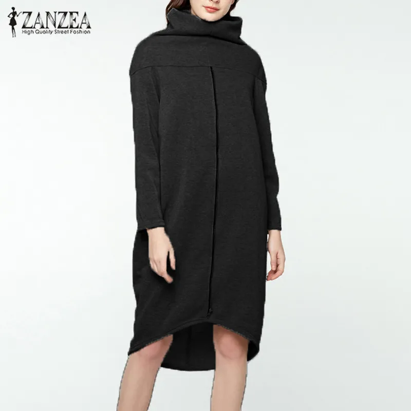 

S 5XL ZANZEA Solid Short Vestido 2019 Winter Long Sleeves Long Sweatshirt Dress Women Casual Turtleneck Hoodies Loose Pullover